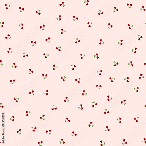 Cute cherry-heart seamless pattern with cherry berry and heart. Ideal for retro Y2K themes, Valentines day, textile design, stationery, wrapping and coquette-style visuals