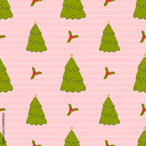 Seamless Christmas pattern with candle trees and holly accents on soft pink stripes. Ideal for holiday wrapping, textiles, stationery, winter decor and seasonal projects