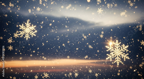Sparkling snowflakes fall against a wintery sky