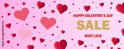 Vector of Valentine's day poster or banner. Greetings and presents for love or Valentine's day concept. Banner with text HAPPY VALENTINE DAY SALE WITH LOVE