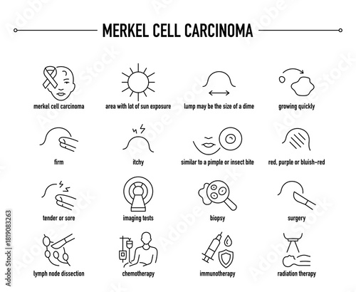 Merkel Cell Carcinoma symptoms, diagnostic and treatment vector icon set. Line editable medical icons.