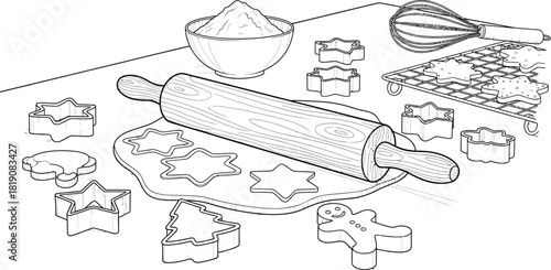 Baking christmas cookies with rolling pin and cookie cutters