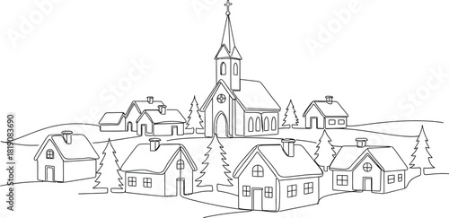 Winter village scene with church and houses line drawing