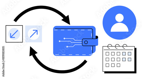 Blue wallet with circuit design, reverse arrows for transfers, calendar, and user icon. Ideal for finance, budgeting, transaction tracking, scheduling, e-commerce workflow simple flat metaphor