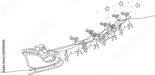 Santa claus flying in sleigh with reindeer line drawing