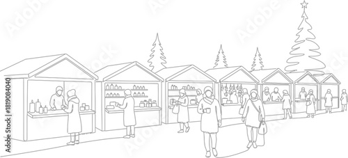 Line art of a christmas market with stalls and people buying
