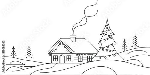 Winter cabin scene with christmas tree in line art style