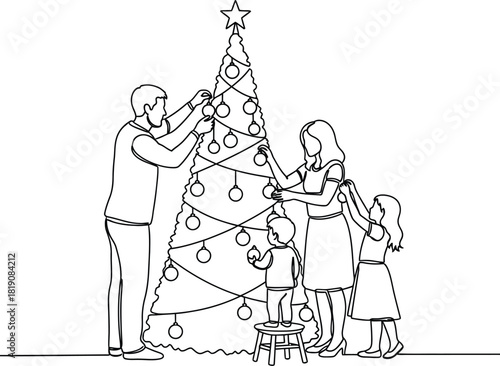 Family decorates christmas tree together line art design
