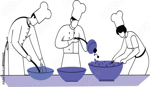 Three Professional Chefs Collaborating Intensely on Preparing Gourmet Dishes in Busy Kitchen