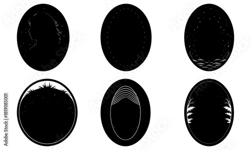 Timeless elegance: Exquisite collection of six distinct oval silhouette designs, perfect for sophisticated branding, invitations, and refined artistic projects