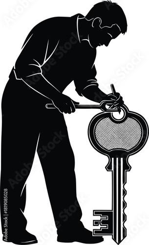 Locksmith Repairing Large Key Silhouette Vector Illustration