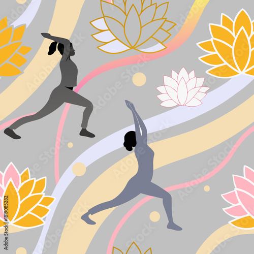 Inclusive Wellness Seamless Pattern with Diverse Figures in Yoga & Meditation Poses – Soft Pastel Harmony