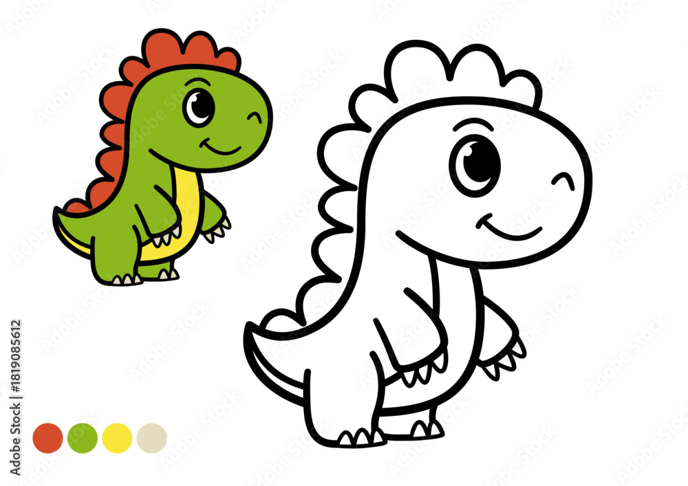 Fototapeta premium Cute cartoon dinosaur childrens coloring book page. Funny green dinosaur with plates on back.