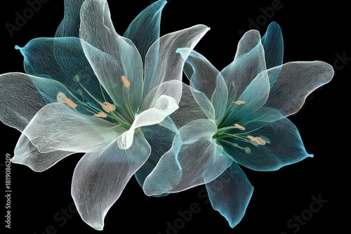 Translucent lilies; delicate petals, subtle color gradients on a black backdrop