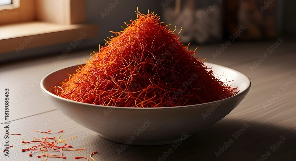 Fototapeta premium A beautiful photo showing heap of saffron threads in ceramic bowl with natural light 