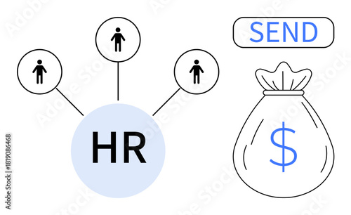 HR circle linking to employees, money bag with dollar sign, and send button. Ideal for HR, recruitment, payroll, salary, team management, finance workforce administration simple flat metaphor