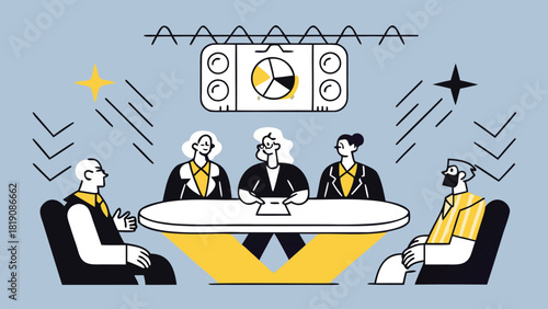 Modern stylized illustration of five diverse professionals collaborating in a bright contemporary boardroom with clean lines and abstract elements suitable for business and corporate themes