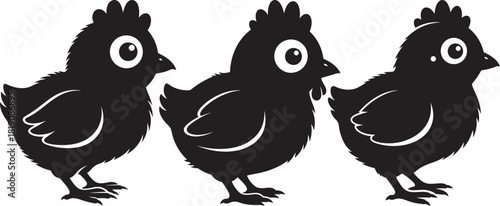 Three adorable cartoon baby chickens standing together silhouette