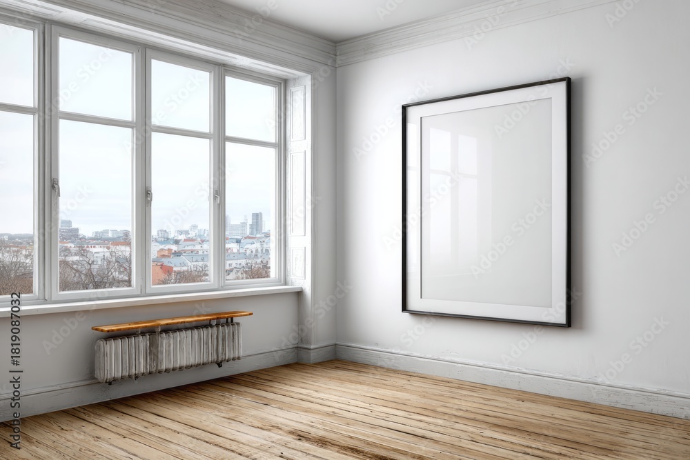 Obraz premium Interior room mockup featuring a large blank picture frame mounted on a white wall near a multi-pane window with a city view