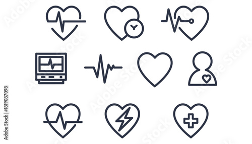 Cardiology, Health, and Medical Line Icon Set: Heart with EKG Pulse, Monitor, Defibrillator, Time, Patient, and Cross Symbol for Healthcare, Medicine, and Emergency Services