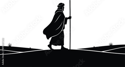 Desert Shepherd Silhouette Walking with Staff Vector Illustration