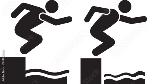 Two figures in silhouette jumping into wavy water from platforms silhouette
