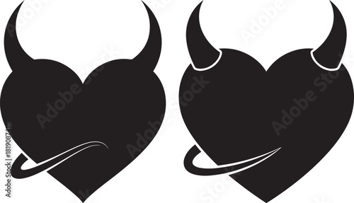 Two black devil heart silhouettes with horns and rings