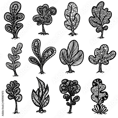 A collection of twelve abstract, hand-drawn doodle trees and plant forms in a black and white decorative style, isolated vector illustration set