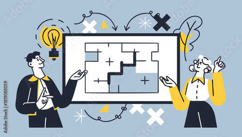 Two diverse business professionals collaborating and reviewing a large minimalist presentation or data visualization highlighting teamwork and analysis in a modern corporate setting