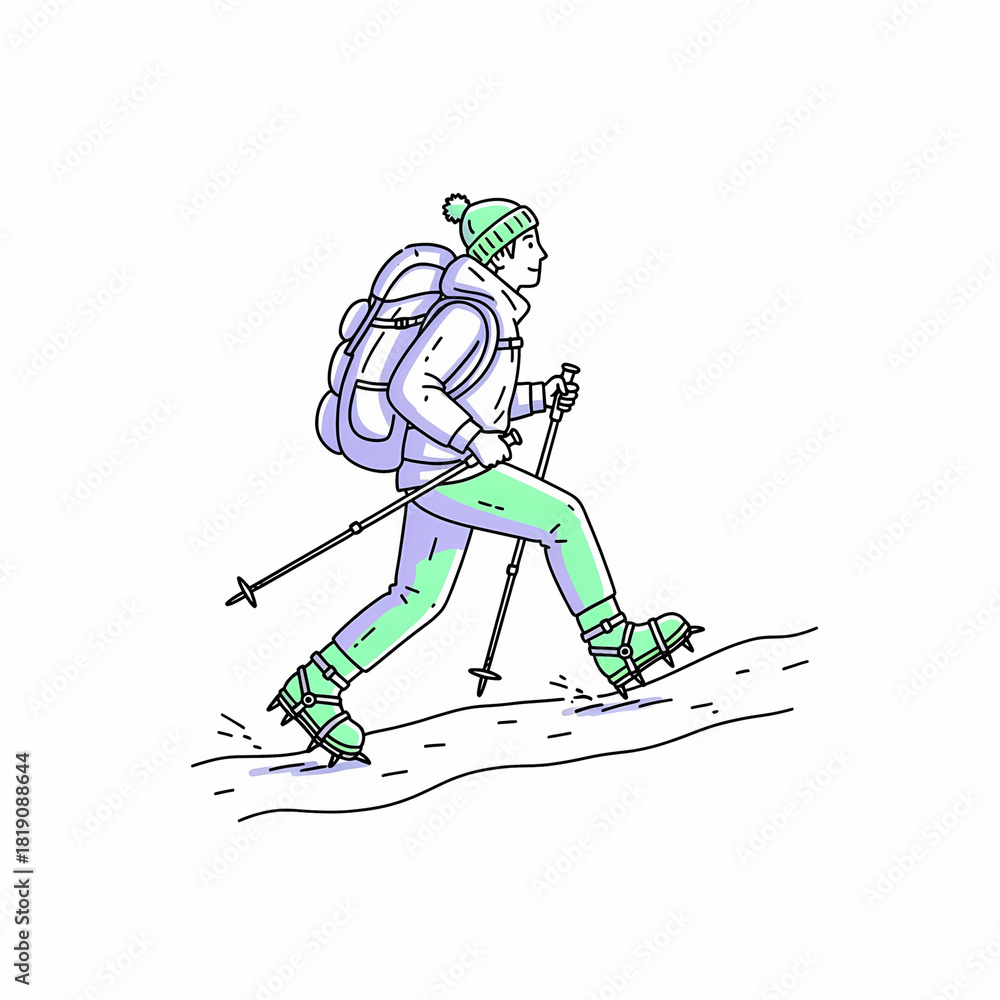 Fototapeta premium Hiker wearing crampons walking on snowy trail with backpack 