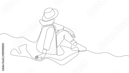 Simple continuous line drawing of woman on holiday having a picnic on the beach holiday minimalist concept sea holiday diving simple line vector