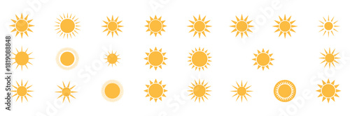 Sun icon collection showing yellow suns, sun logos, and sunshine vector signs, suitable for vector graphics, weather symbols, summer designs, and digital illustration