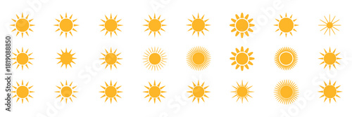 Sun icon collection showing yellow suns, sun logos, and sunshine vector signs, suitable for vector graphics, weather symbols, summer designs, and digital illustration
