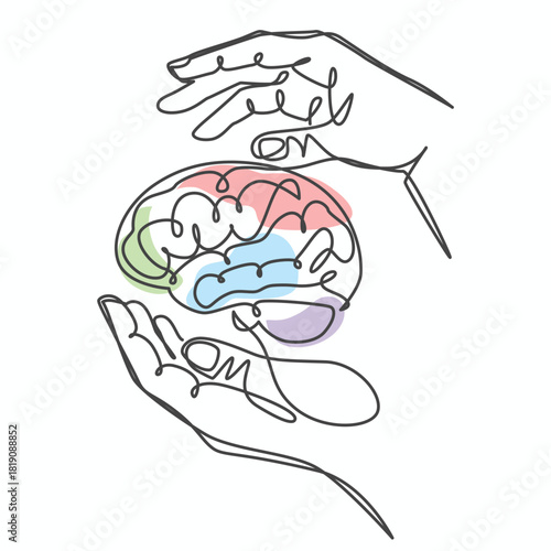 Hands Holding the Brain one line drawing. Hands Holding the Brain single line illustration. Hands Holding the Brain minimalist line art. Hands Holding the Brain vector art