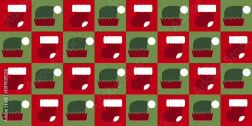 Festive seamless pattern with Santa stockings and elf hats on red green geometric background. Perfect for holiday textiles, wrapping paper, gift packaging, and Christmas designs
