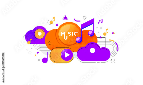 Digital Music Cloud Streaming. abstract flat vector design featuring stylized clouds in purple and orange, a play button, and musical notes. Represents accessible online music, rhyth. Music Event.