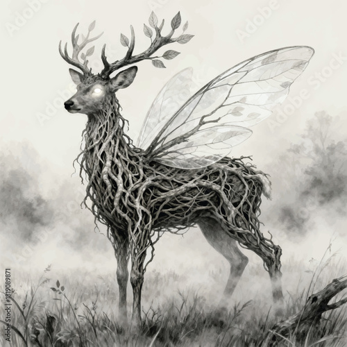 Illustration Of A Deer With A Root Body, Wings, Standing In A Foggy Meadow Vector Design Template