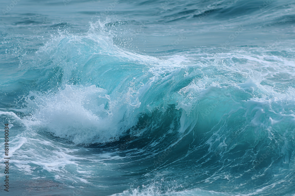 Fototapeta premium A beautiful powerful blue ocean wave crests and breaks with white foam and splashing water showing the dynamic movement of the sea nature's force in motion