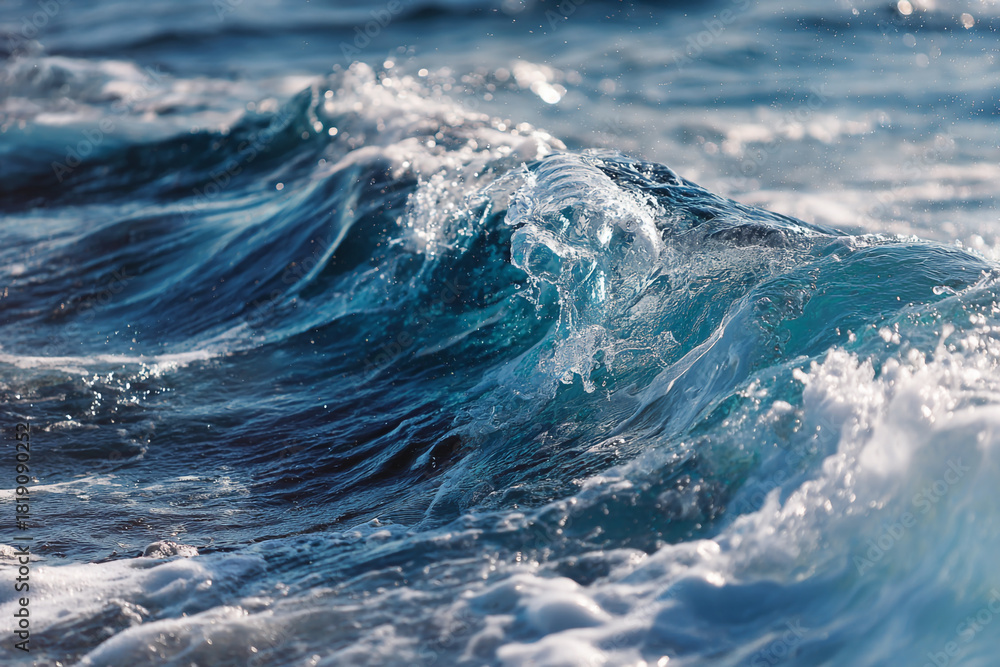 Fototapeta premium A close-up view of a powerful ocean wave cresting with beautiful blue water and white foam under natural sunlight