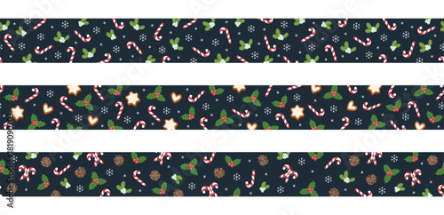 Vector Christmas seamless horizontal border set. Festive background with candy canes, mistletoe, snow, and gingerbread cookies.