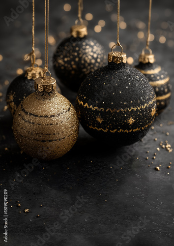 Luxury black and gold Christmas ornaments on dark elegant background
