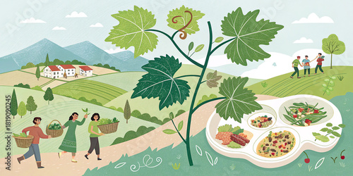 Farmland scenery and grape vine illustration with platter of snacks