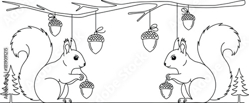 Two squirrels with acorns hanging from a branch outline