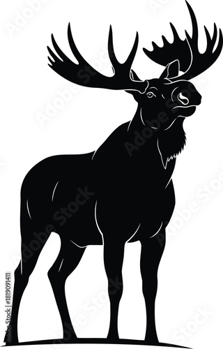 Standing moose silhouette with large antlers isolated on white background