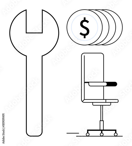 Wrench, coins, and office chair highlighting productivity, work efficiency, investment, financial growth, tools, repair and career opportunities. Ideal for workplace strategy cost control