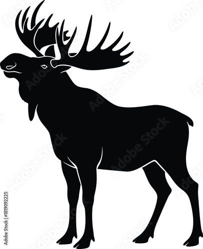 Silhouette of standing moose with large antlers isolated on white