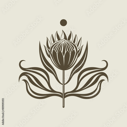 Abstract flower, geometric shapes. Spring and summer floral. Botanical element, flat style. Vector brown illustration isolated on beige background. Lotus