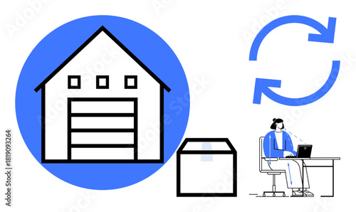 Warehouse management concept. Warehouse operations, logistics, and inventory tracking in modern systems. Warehouse efficiency connected with automation and seamless data updates. For e-commerce