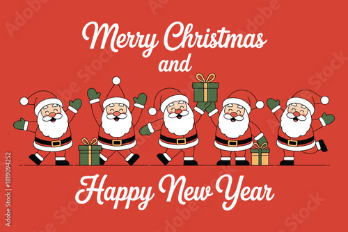 Five cheerful santa clauses dancing and holding gifts on a red background with merry christmas and happy new year text