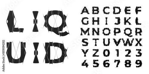 Abstract distorted alphabet with liquid glass refraction. Futuristic warped letters and numbers for posters, covers, branding, and creative layouts.